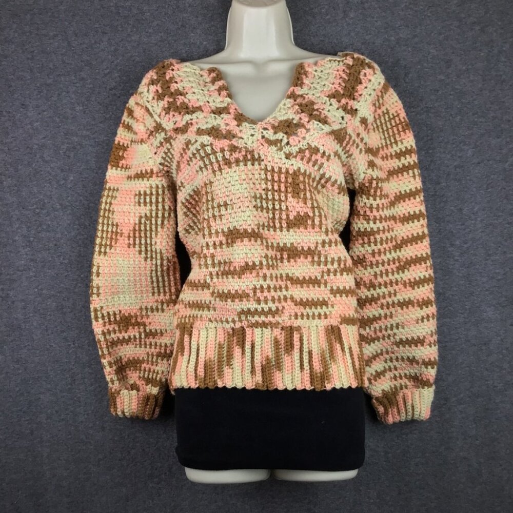 Handmade Crochet Granny Stitch Sweater V-Neck Long Sleeve‎ Sz S/M